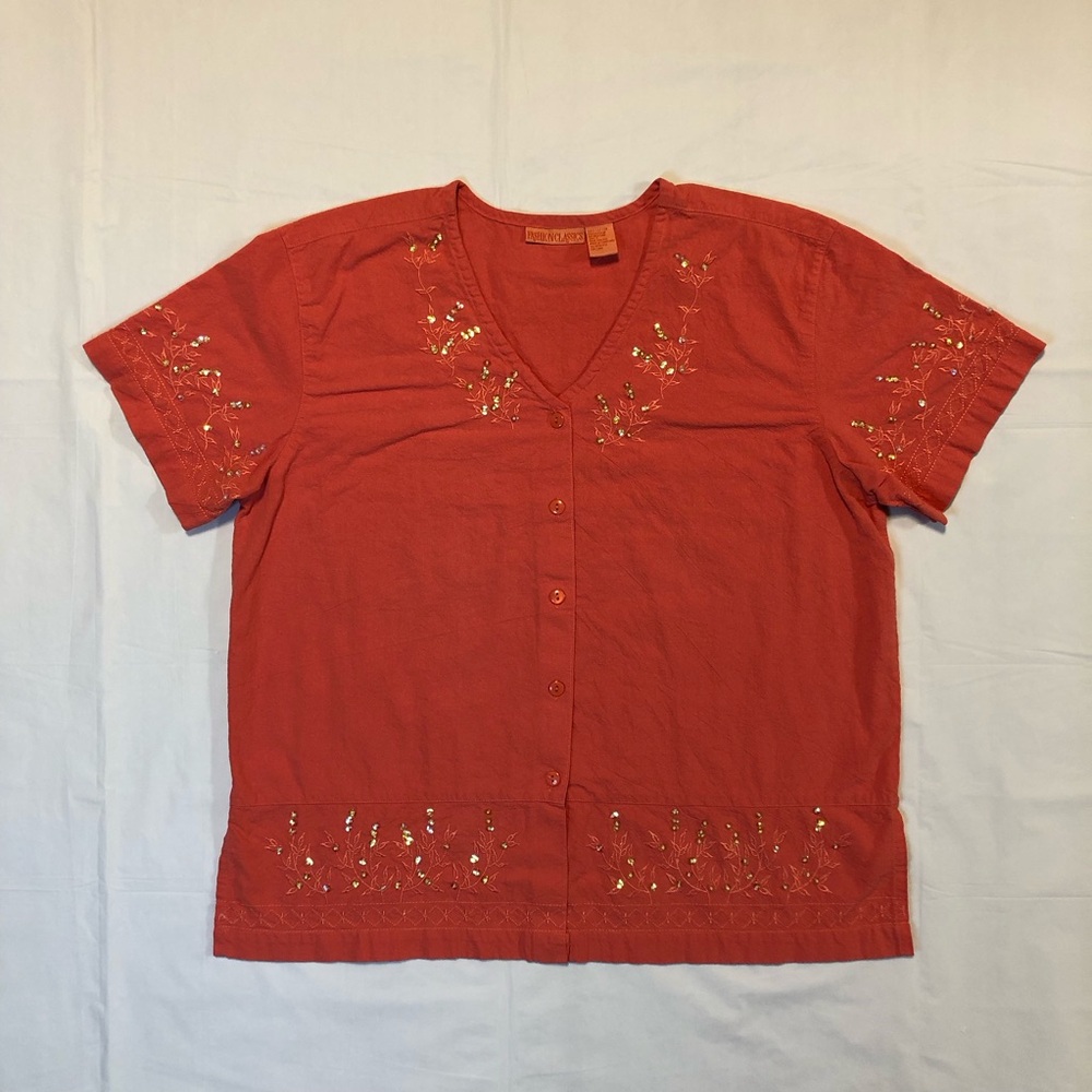 Fashion Classics Womens Short Sleeve Sequin 100% Cotton Button-Up Coral Blouse L